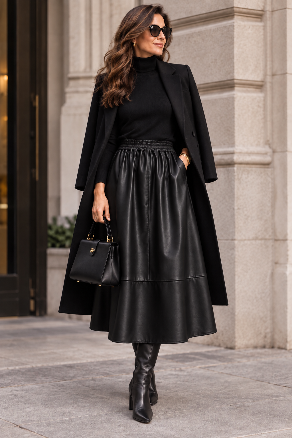 Fran -  Faux Leather A-Line Midi Skirt