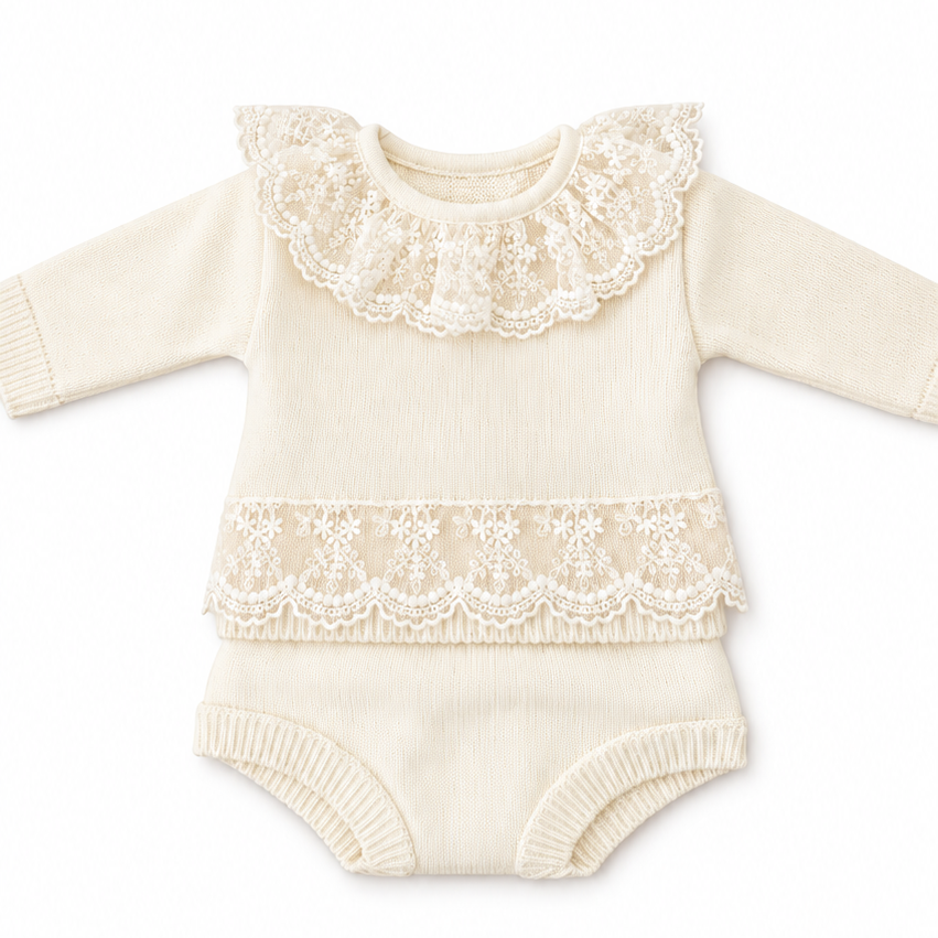 Cream Knitted 2pc with Lace Detail