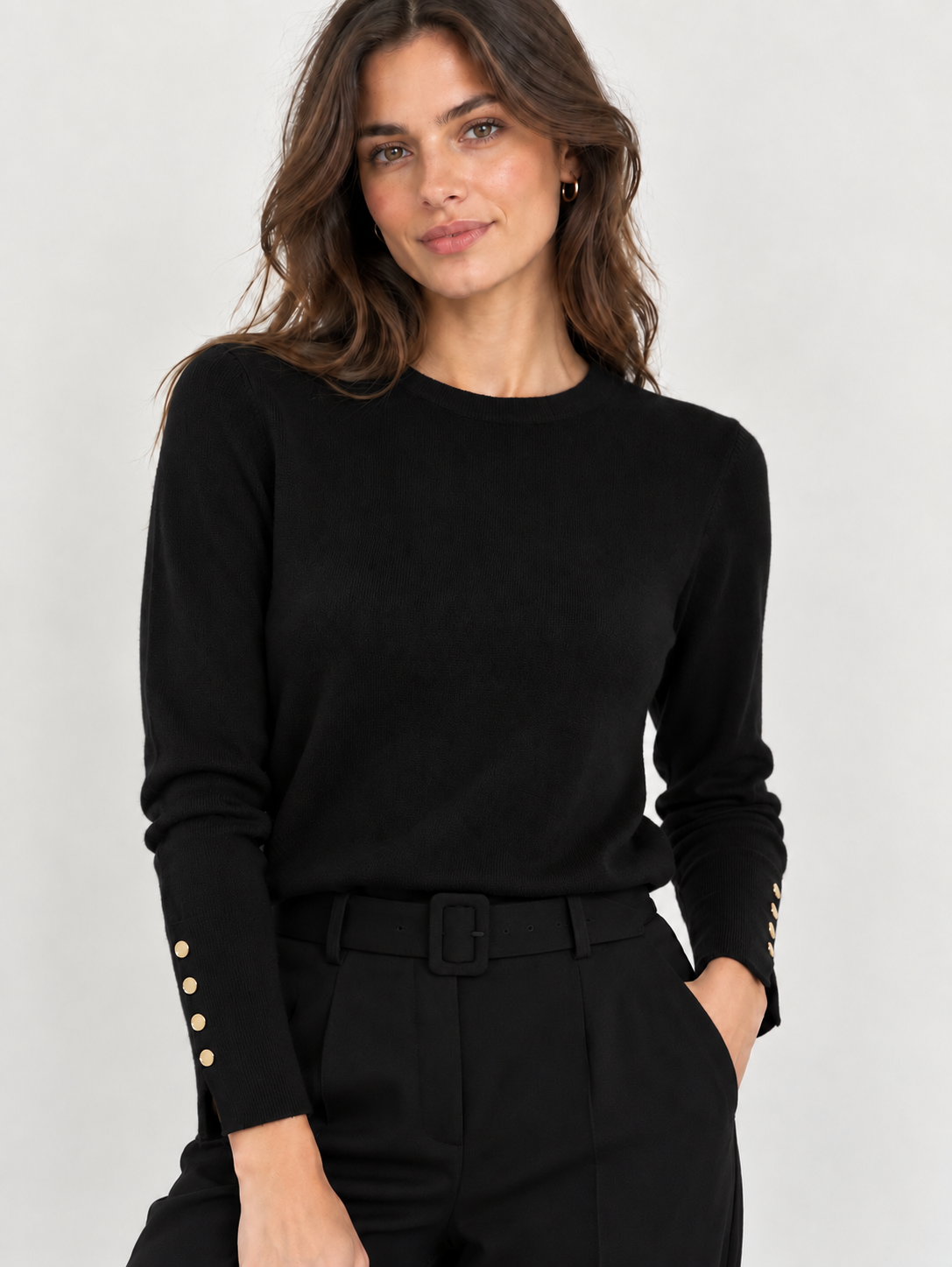 Gill - Gold Button Cuff Fine-Knit Jumper